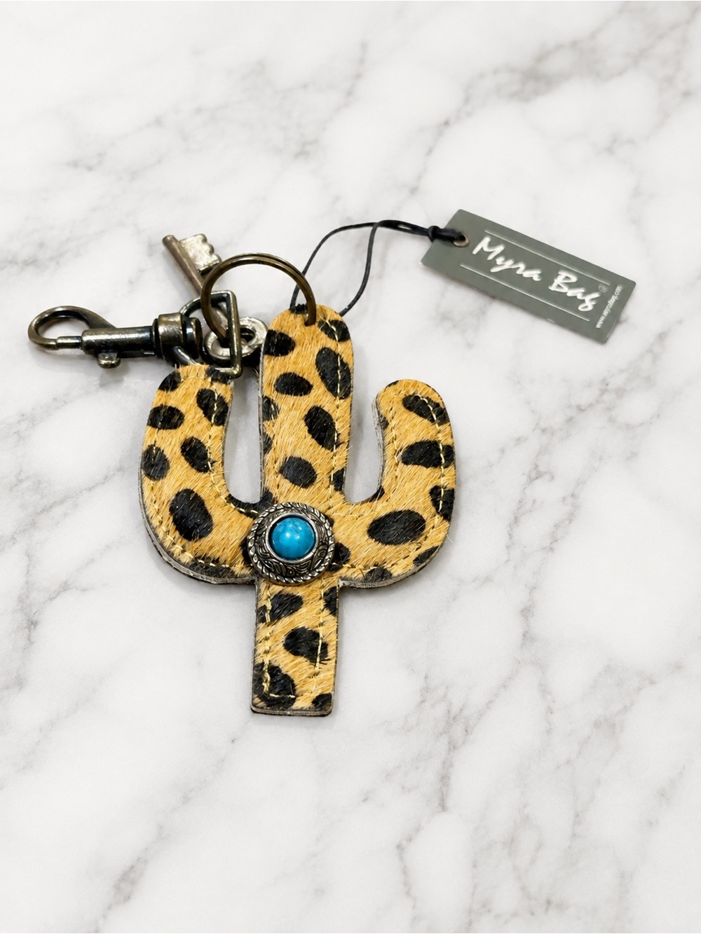 Myra Bag Leopard Cowhide Cactus Keychain Faux Turquoise NWT